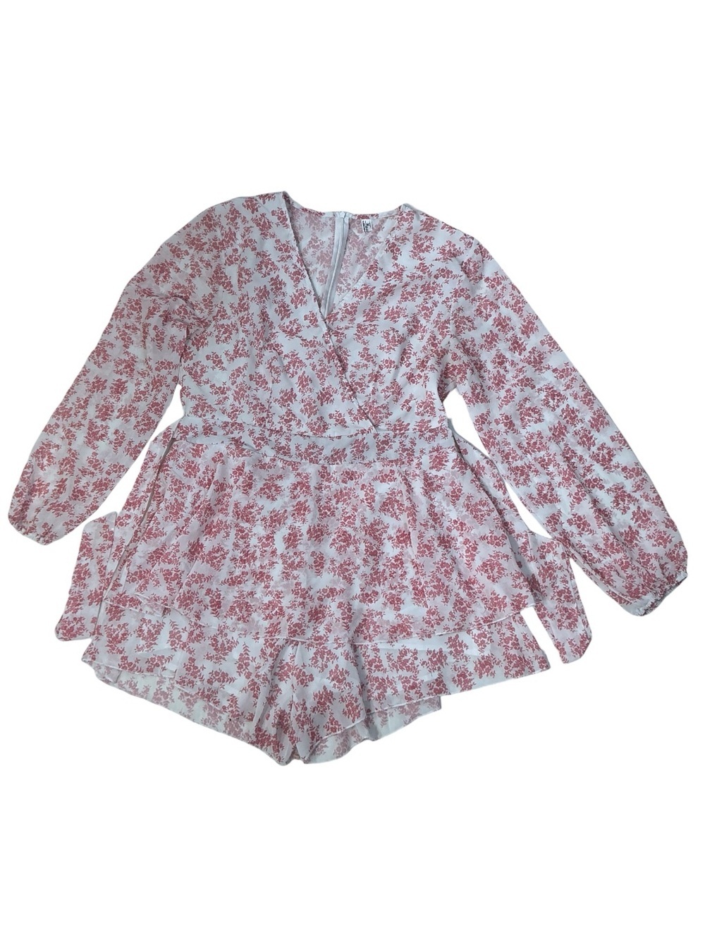Classic Fashion Collection Wrap Romper Long Sleeve V Neck Pink White Large - Picture 5 of 14